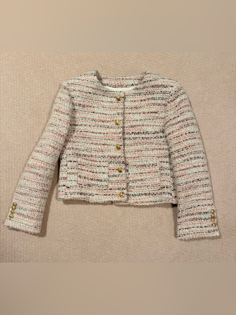 Celine Tweed Cropped Jacket in Cream & Pink Size 36